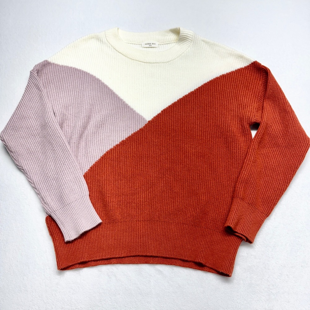 Sophie Rue Colorblock Ribbed Knit Sweater Womens Size M Orange Cream Rayon Blend